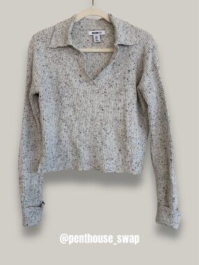 Grey Waffle Knit Collared V-Neck Sweater, Size S